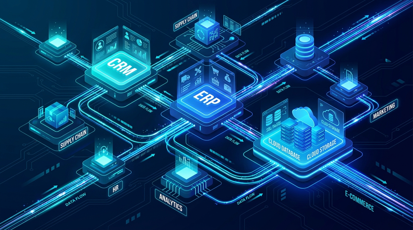 Enterprise software integration architecture connecting custom web applications, CRM, and ERP