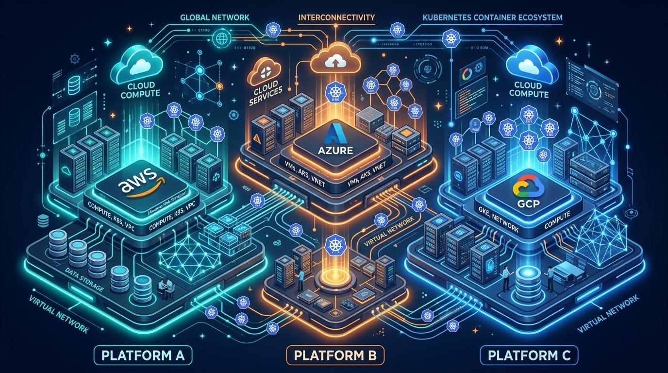Architectural comparison diagram of AWS, Microsoft Azure, and Google Cloud Platform services