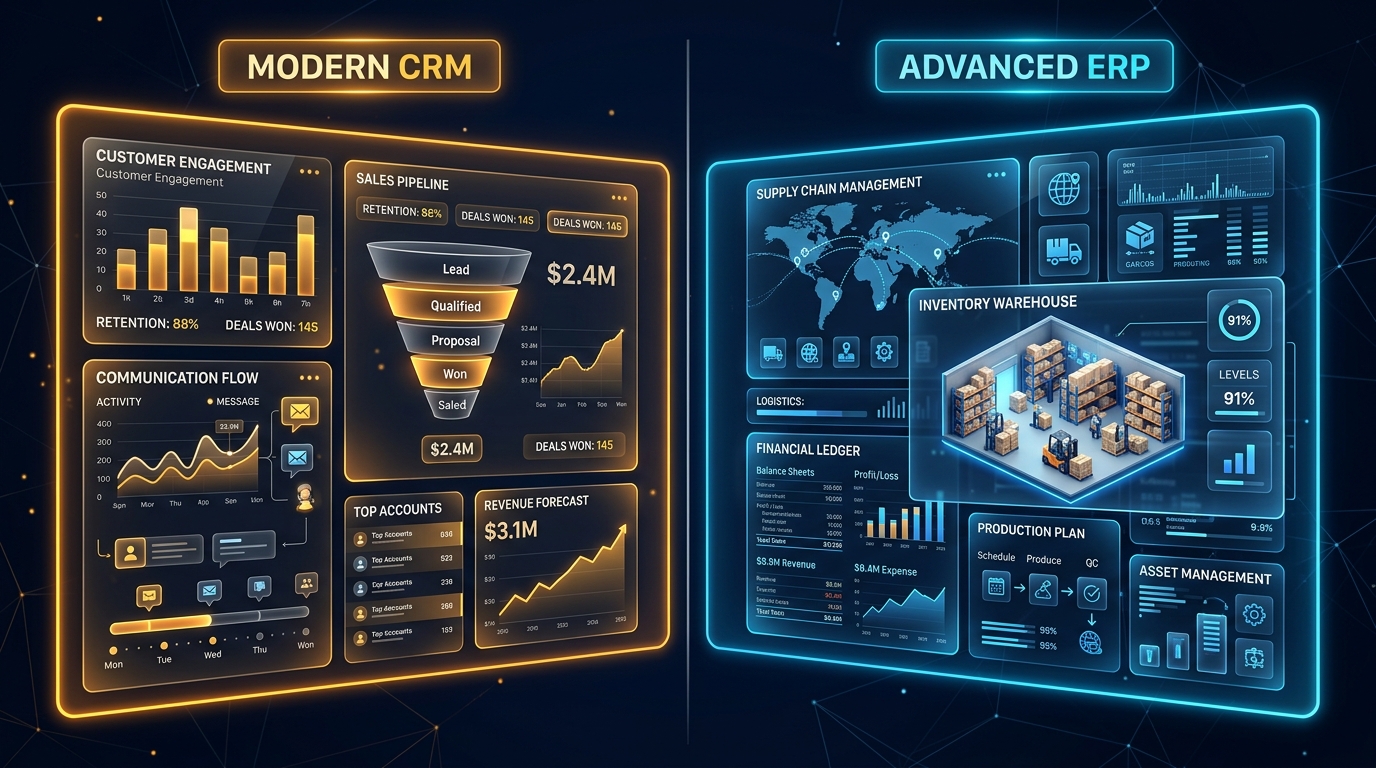 CRM vs ERP system architecture and business workflow comparison