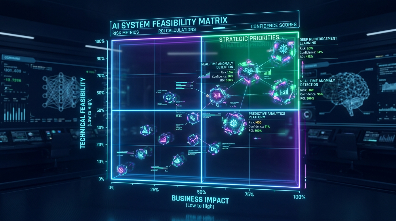 Engineering feasibility scorecard evaluating AI project viability, data readiness, and ROI