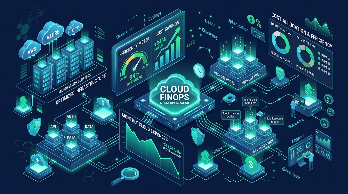 Cloud FinOps cost optimization dashboard showing resource right-sizing and unit economics