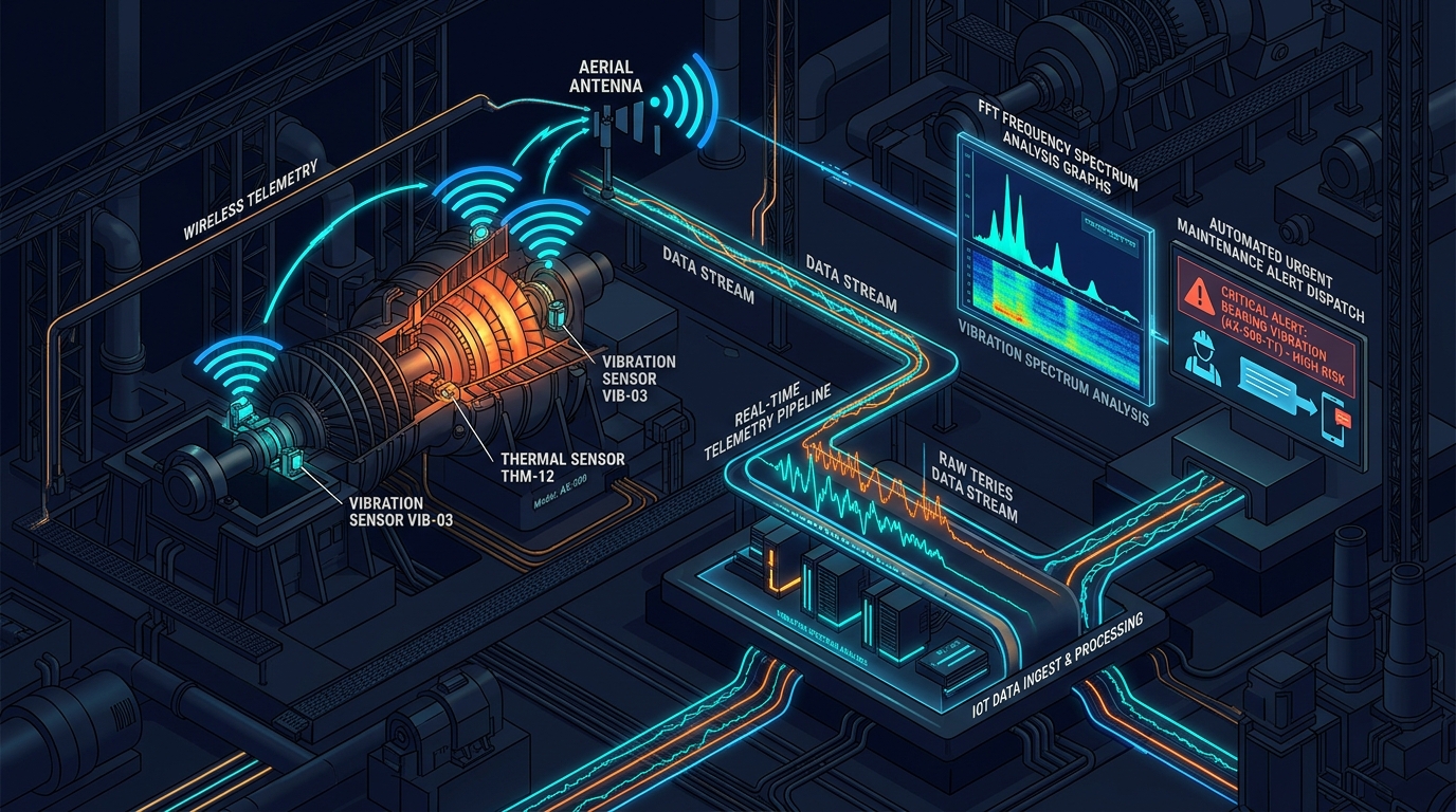 Industrial vibration and temperature sensors connected to predictive maintenance AI dashboard
