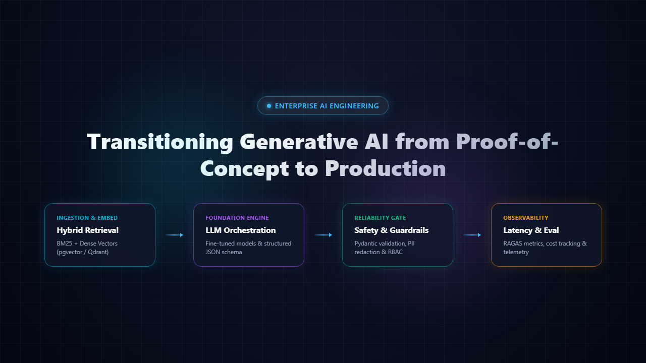 Production Retrieval-Augmented Generation (RAG) architecture with guardrails and evaluation harness